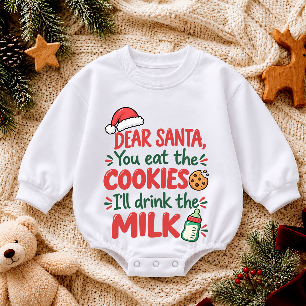 Dear Santa Cookies and Milk Romper, Funny Baby Christmas Romper, Toddler Holiday Outfit, Baby Xmas Romper, Cute Christmas Gift — product view 4