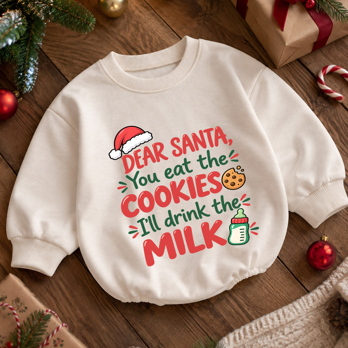 Dear Santa Cookies and Milk Romper, Funny Baby Christmas Romper, Toddler Holiday Outfit, Baby Xmas Romper, Cute Christmas Gift — product view 5