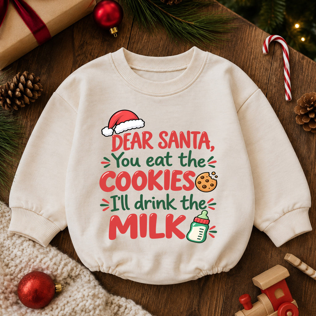 Dear Santa Cookies and Milk Romper, Funny Baby Christmas Romper, Toddler Holiday Outfit, Baby Xmas Romper, Cute Christmas Gift — product view 6