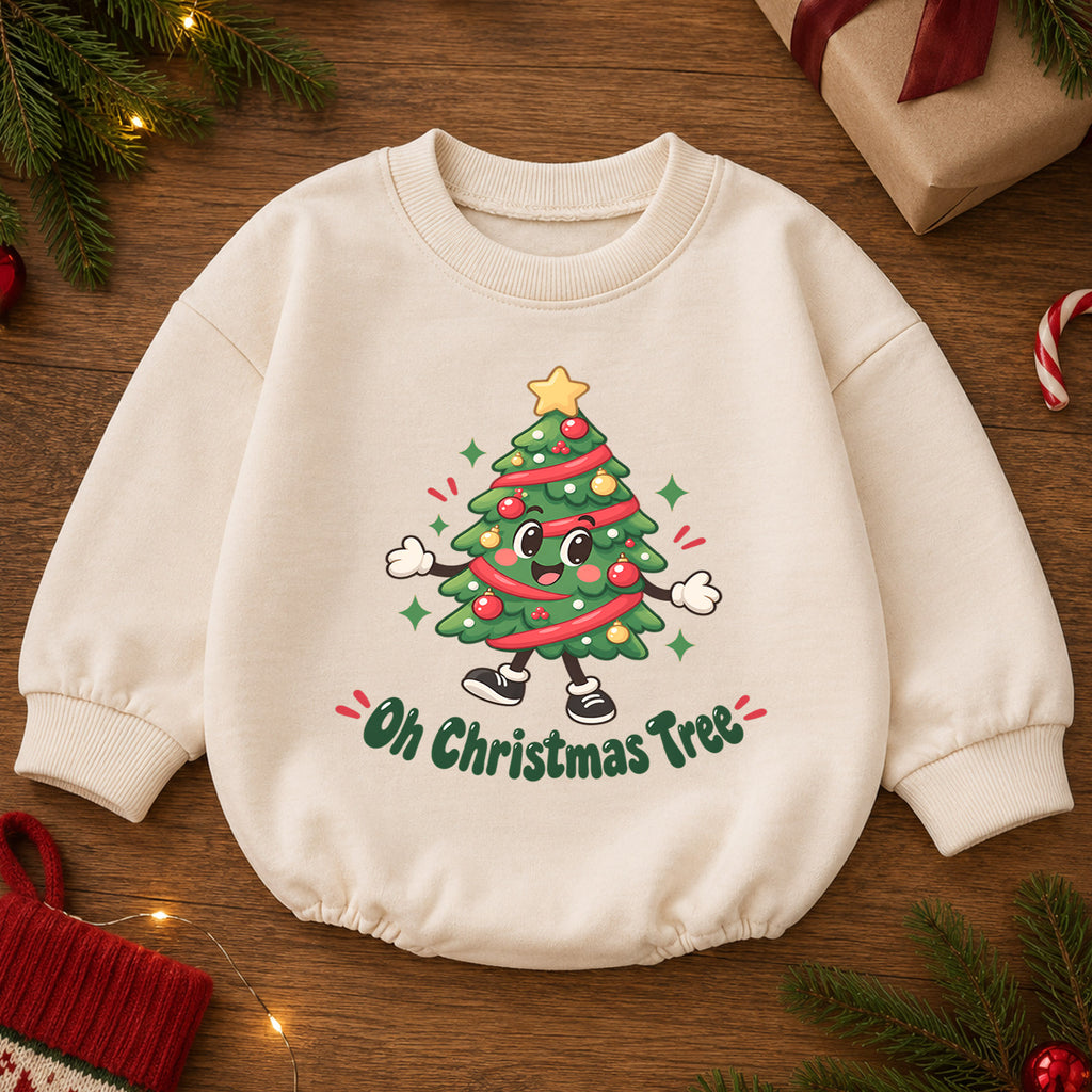 Oh Christmas Tree Baby Romper, Cute Tree 1st Christmas Outfit, Holiday Romper for 1st Birthday, Christmas Photo Gift for Little Baby — product view 2