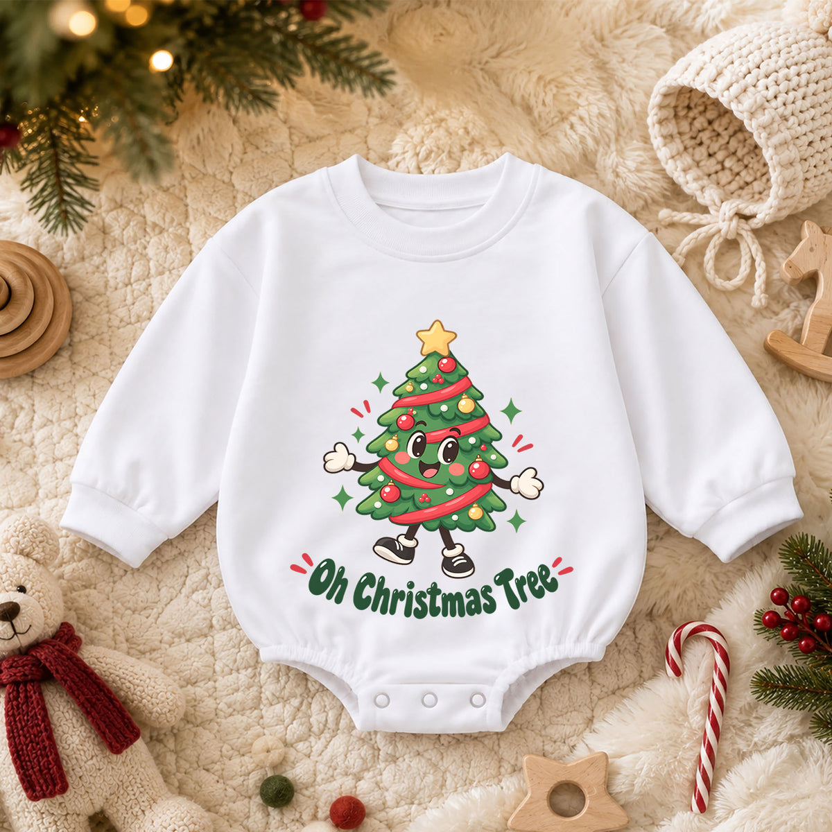 Oh Christmas Tree Baby Romper, Cute Tree 1st Christmas Outfit, Holiday Romper for 1st Birthday, Christmas Photo Gift for Little Baby — product view 3
