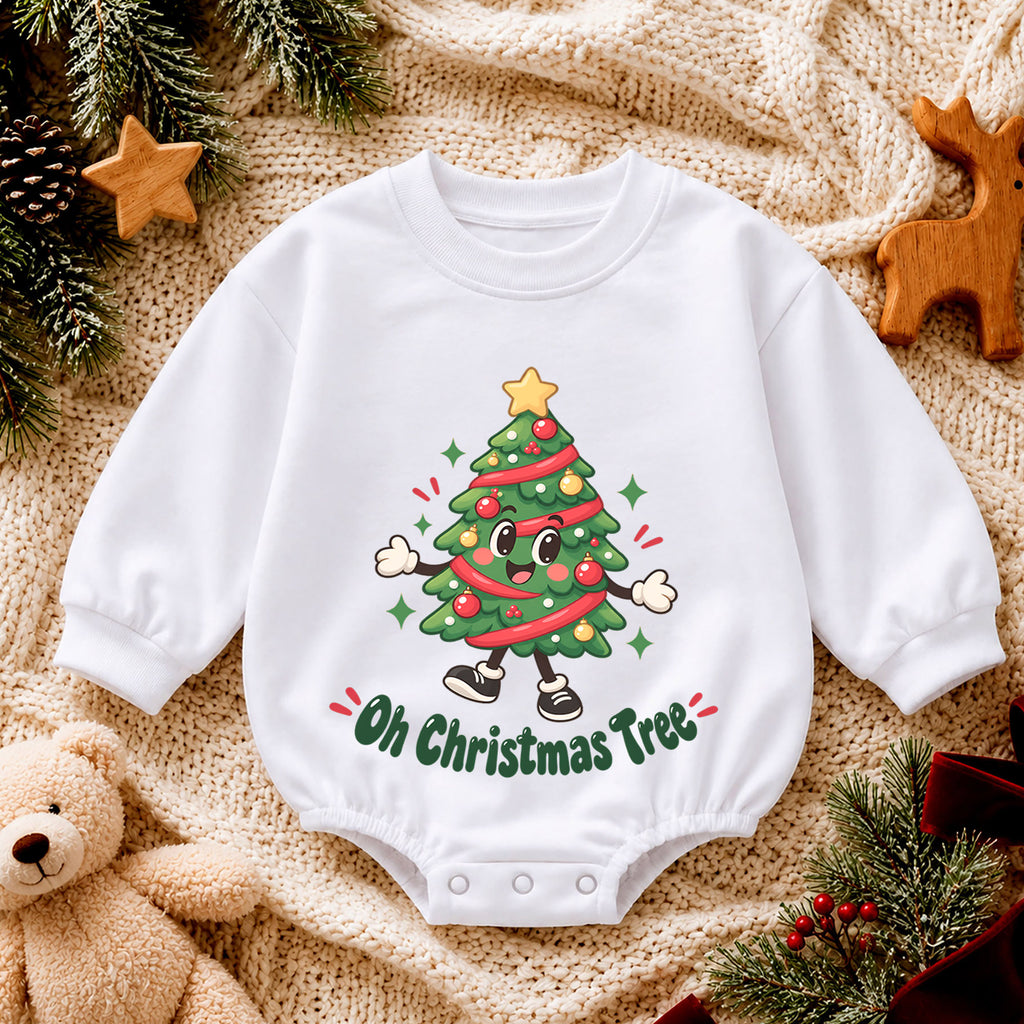 Oh Christmas Tree Baby Romper, Cute Tree 1st Christmas Outfit, Holiday Romper for 1st Birthday, Christmas Photo Gift for Little Baby — product view 4