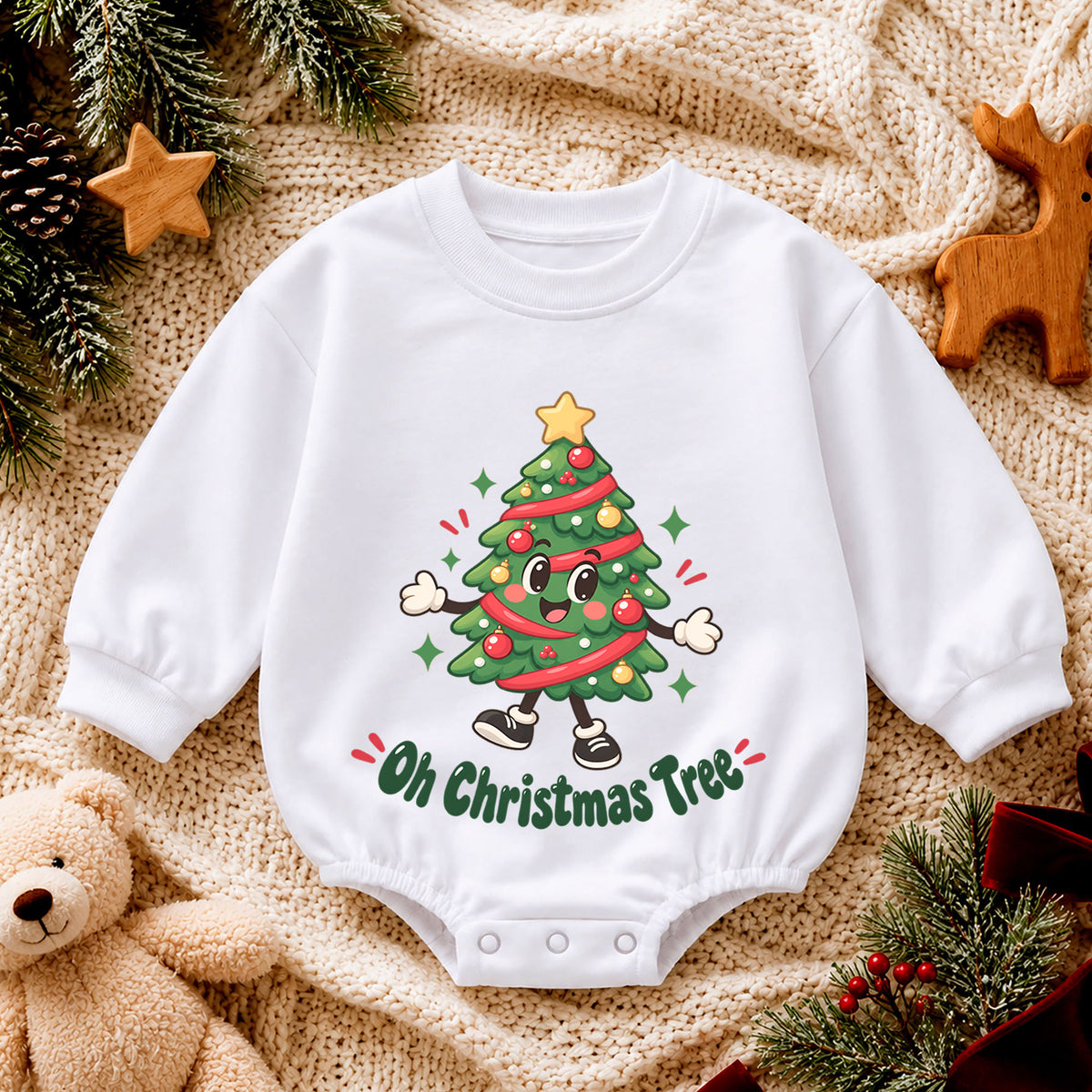 Oh Christmas Tree Baby Romper, Cute Tree 1st Christmas Outfit, Holiday Romper for 1st Birthday, Christmas Photo Gift for Little Baby — product view 4