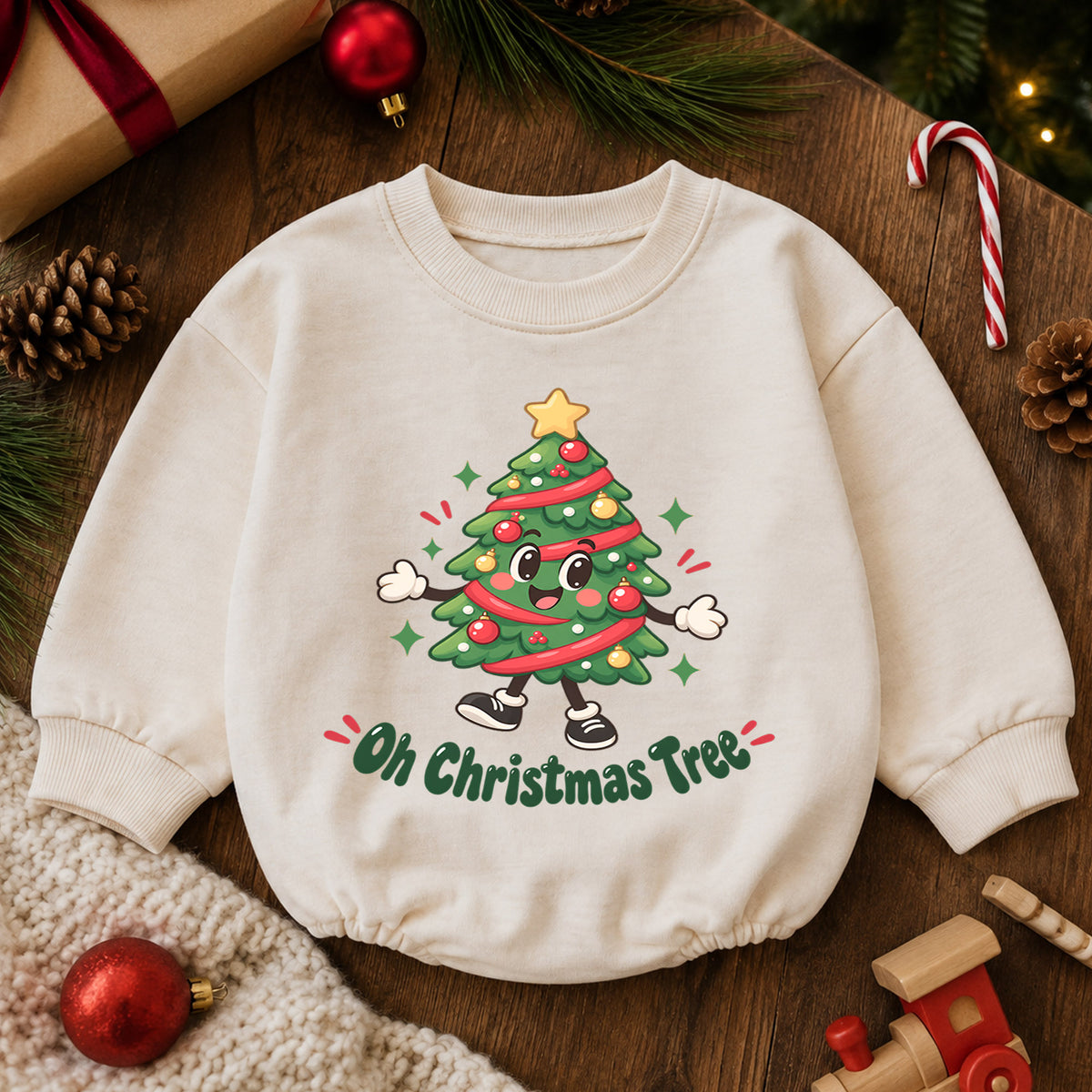 Oh Christmas Tree Baby Romper, Cute Tree 1st Christmas Outfit, Holiday Romper for 1st Birthday, Christmas Photo Gift for Little Baby — product view 6