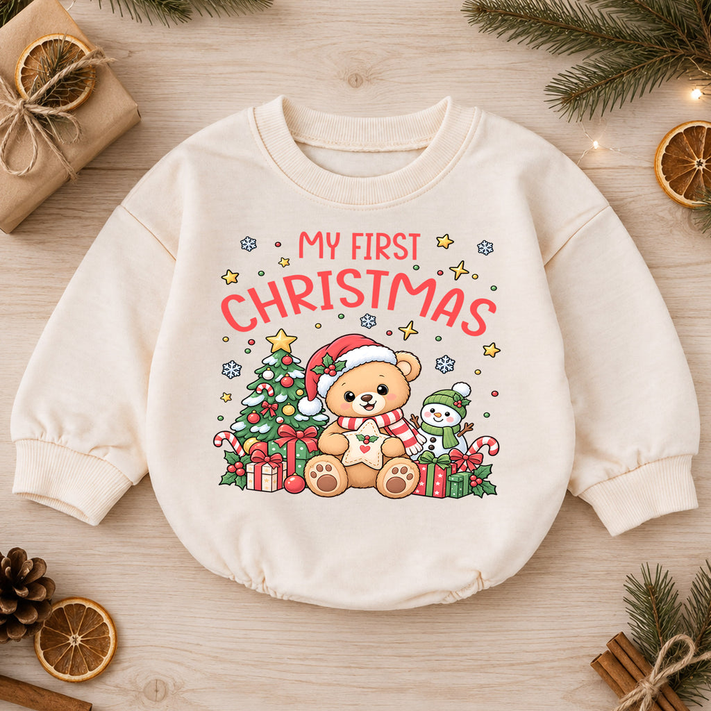 My First Christmas Bear Romper, Cute Teddy Bear Baby Christmas Romper, Toddler Holiday Outfit, 1st Christmas Gift for Little One — product view 1
