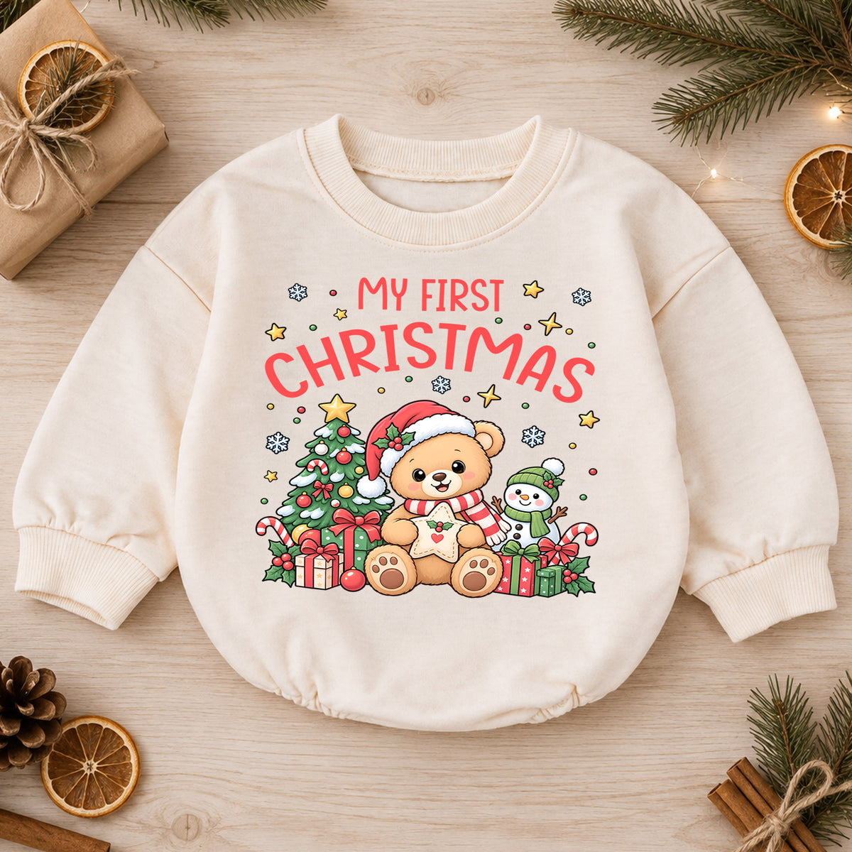 My First Christmas Bear Romper, Cute Teddy Bear Baby Christmas Romper, Toddler Holiday Outfit, 1st Christmas Gift for Little One — product view 1