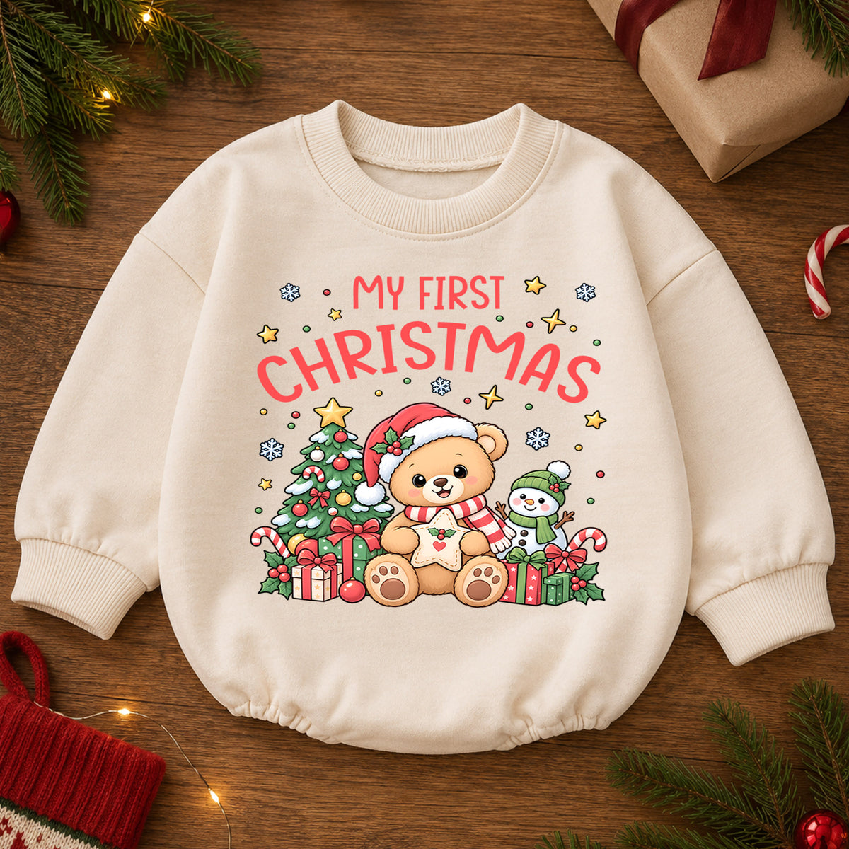 My First Christmas Bear Romper, Cute Teddy Bear Baby Christmas Romper, Toddler Holiday Outfit, 1st Christmas Gift for Little One — product view 2