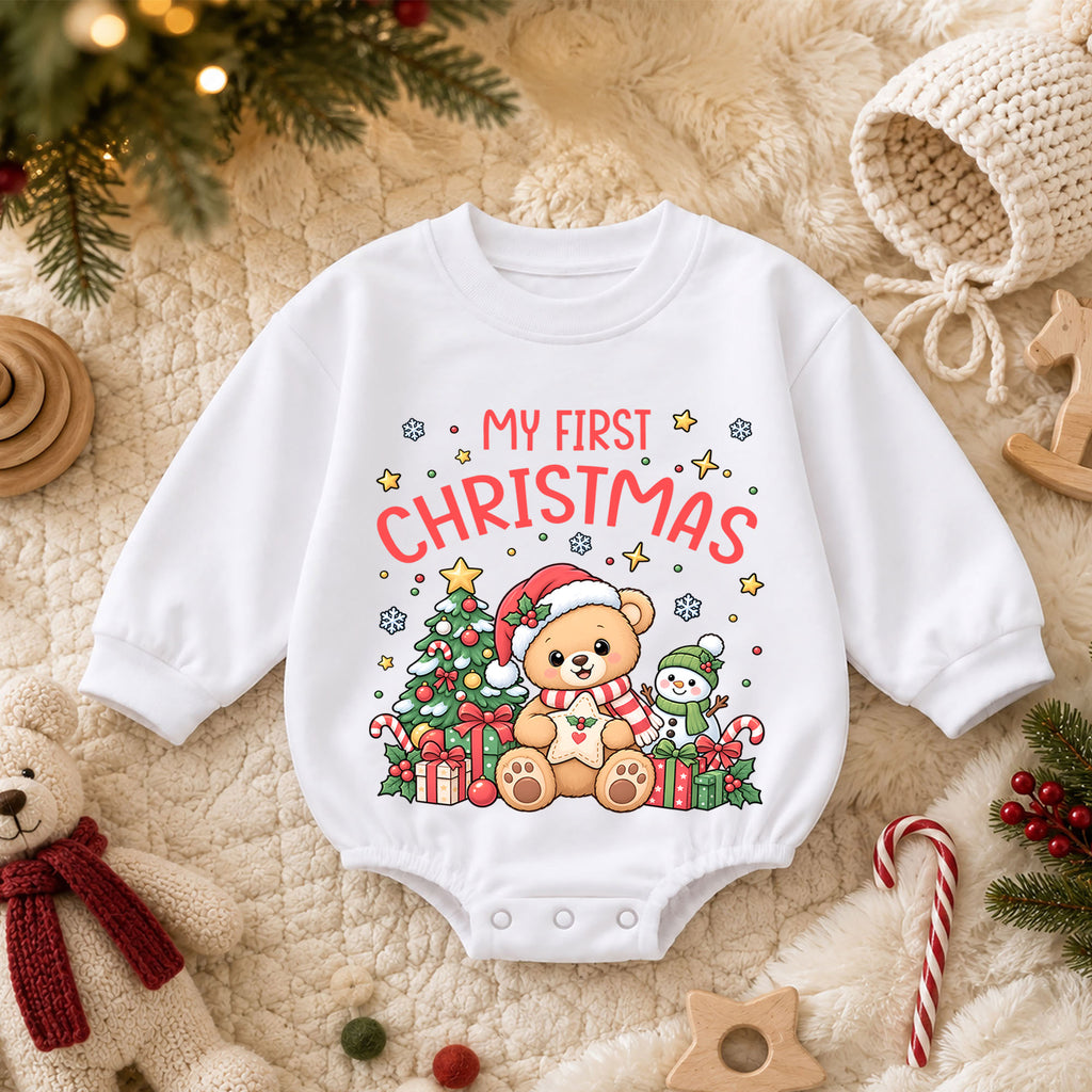 My First Christmas Bear Romper, Cute Teddy Bear Baby Christmas Romper, Toddler Holiday Outfit, 1st Christmas Gift for Little One — product view 3