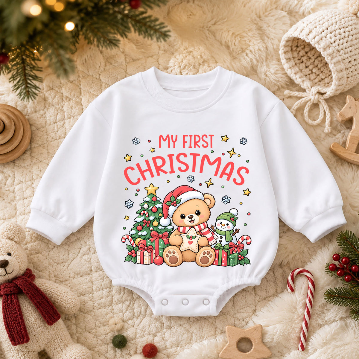 My First Christmas Bear Romper, Cute Teddy Bear Baby Christmas Romper, Toddler Holiday Outfit, 1st Christmas Gift for Little One — product view 3
