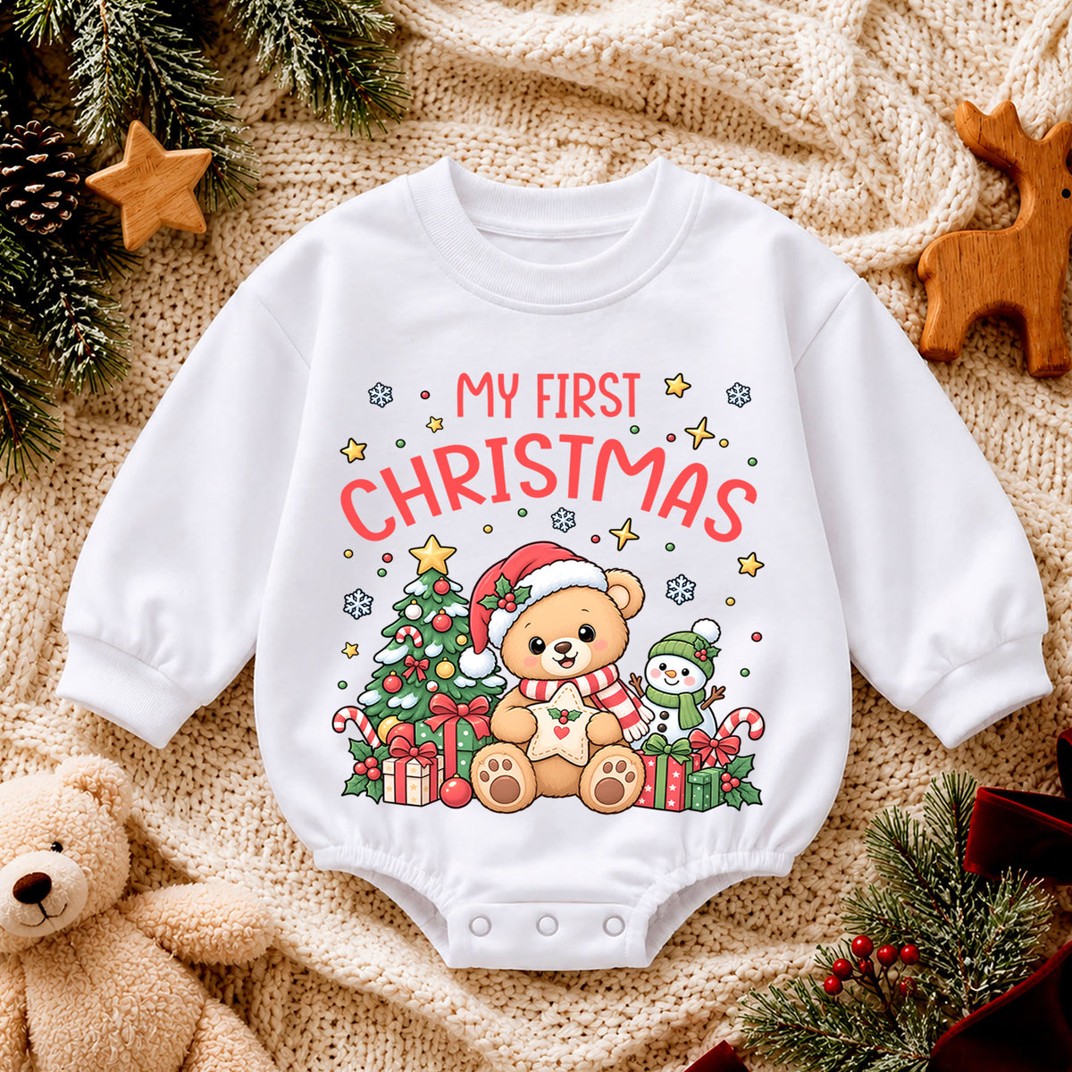 My First Christmas Bear Romper, Cute Teddy Bear Baby Christmas Romper, Toddler Holiday Outfit, 1st Christmas Gift for Little One — product view 4