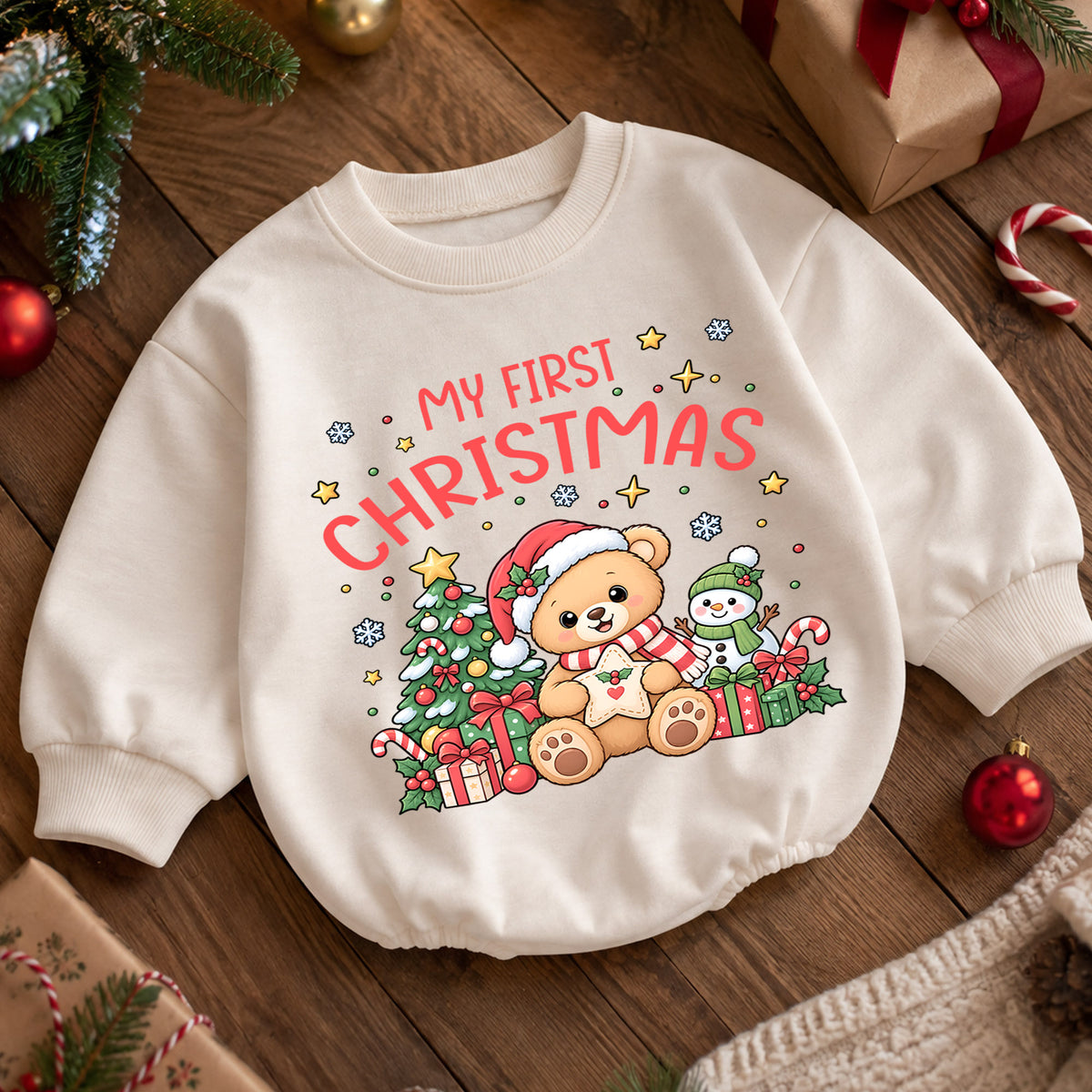 My First Christmas Bear Romper, Cute Teddy Bear Baby Christmas Romper, Toddler Holiday Outfit, 1st Christmas Gift for Little One — product view 5