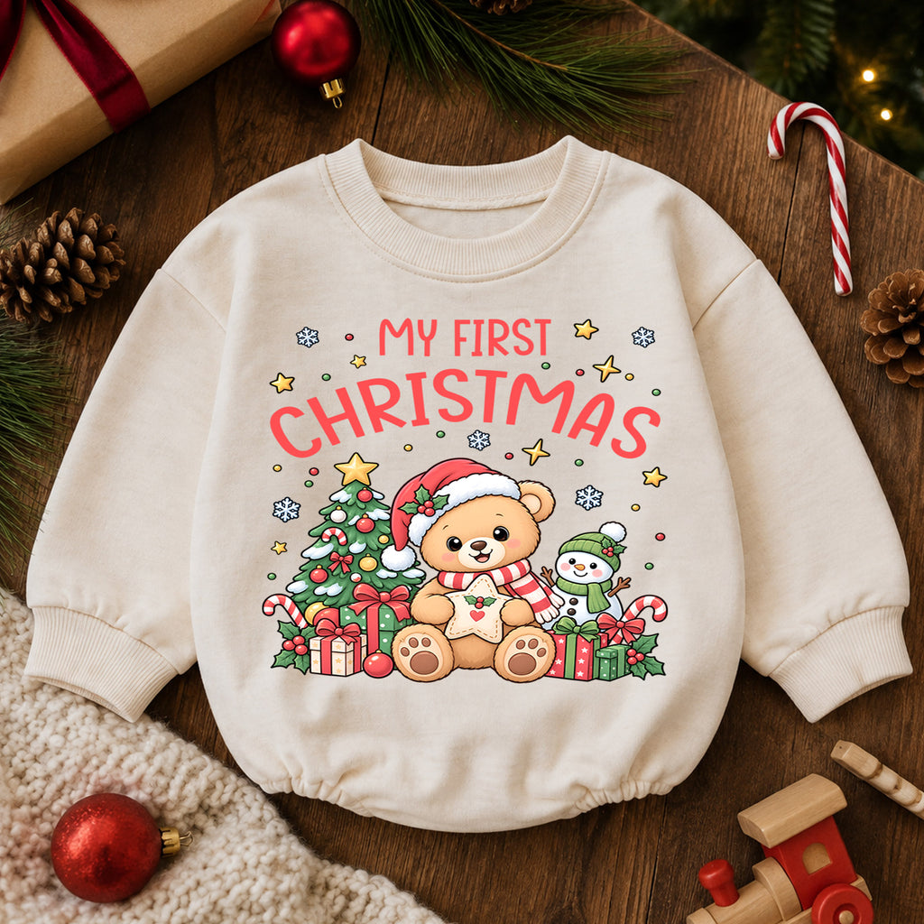 My First Christmas Bear Romper, Cute Teddy Bear Baby Christmas Romper, Toddler Holiday Outfit, 1st Christmas Gift for Little One — product view 6