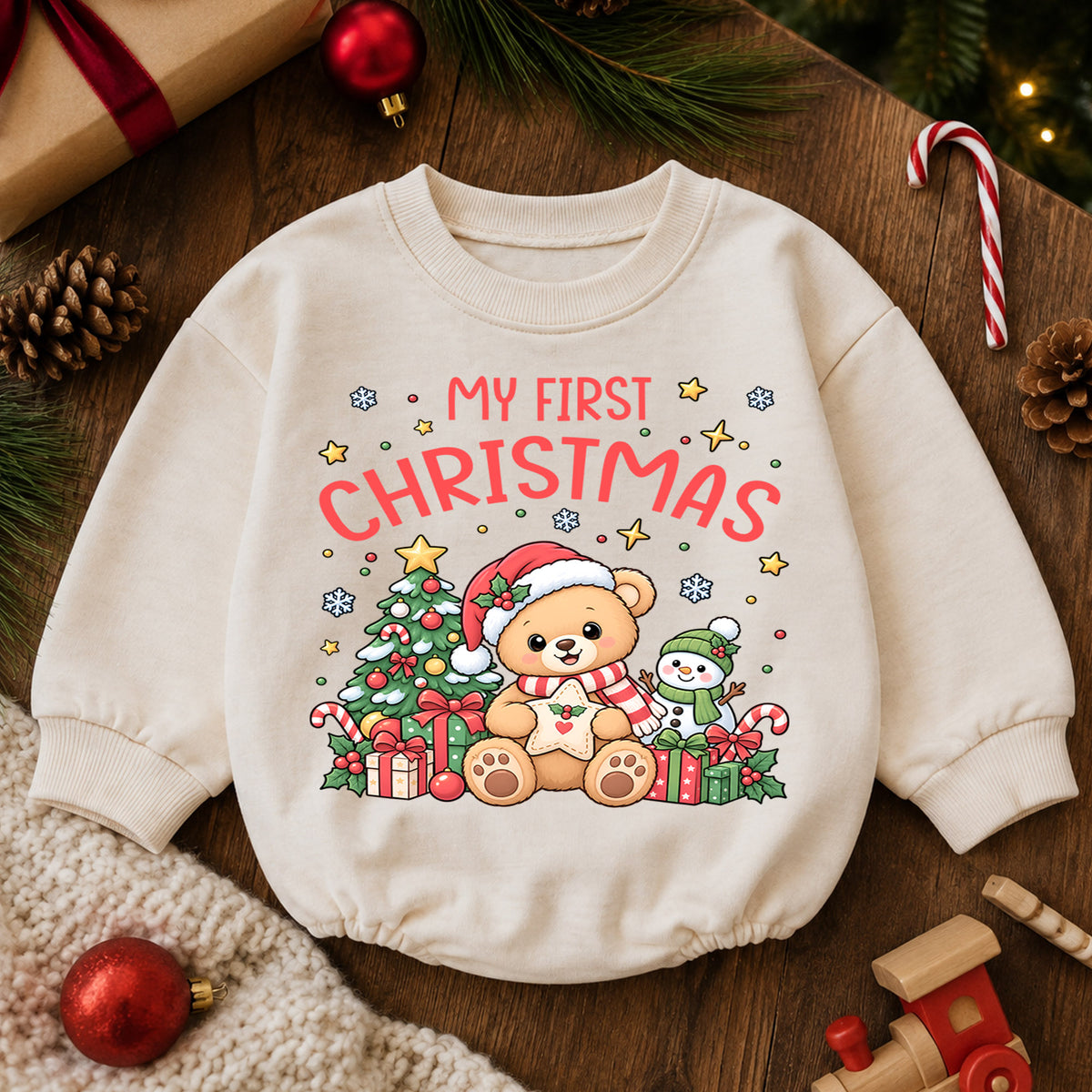 My First Christmas Bear Romper, Cute Teddy Bear Baby Christmas Romper, Toddler Holiday Outfit, 1st Christmas Gift for Little One — product view 6