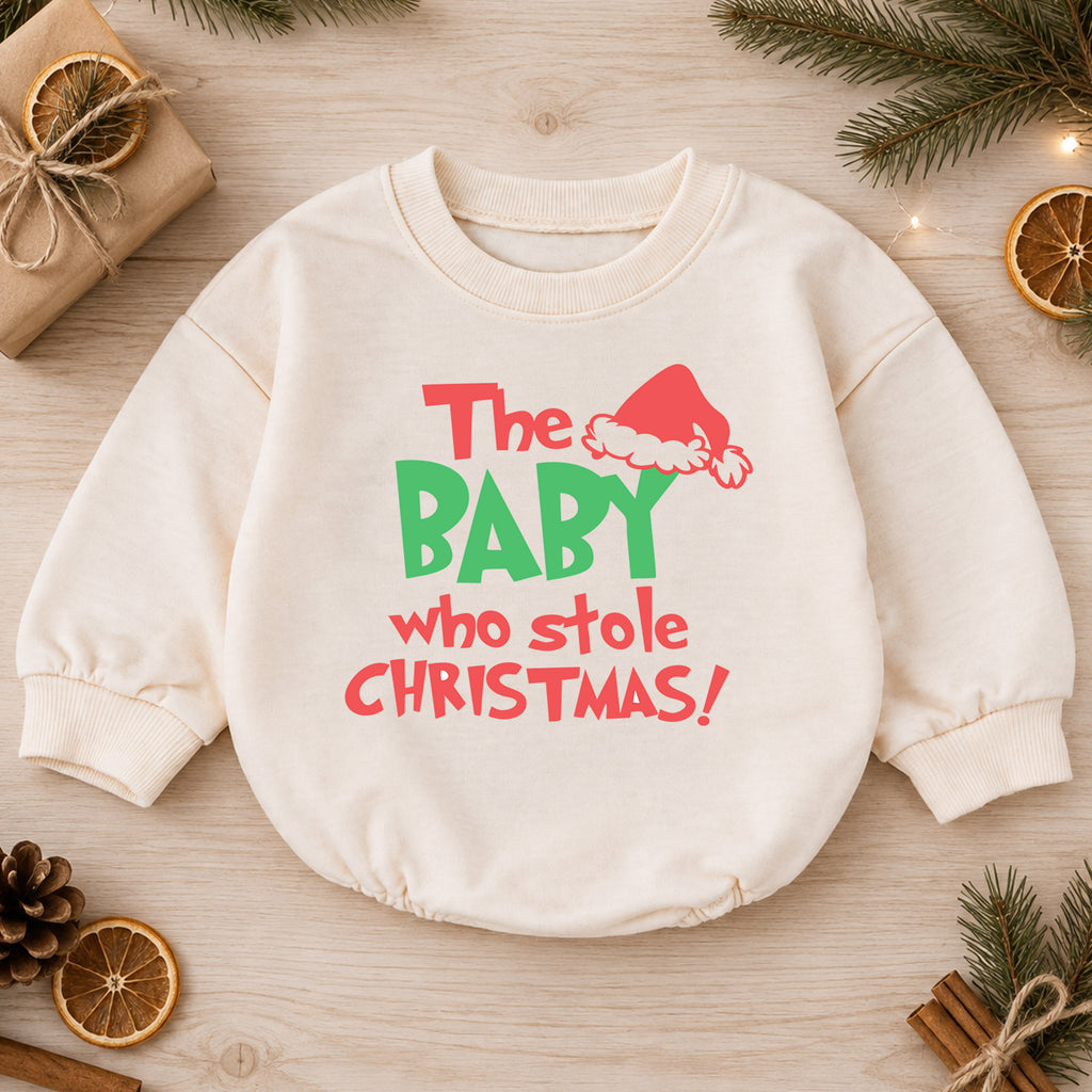 Baby Who Stole Christmas Romper, Funny Baby Christmas Romper, Toddler Holiday Outfit, Cute Baby Xmas Romper, Holiday Gift for Baby — product view 1