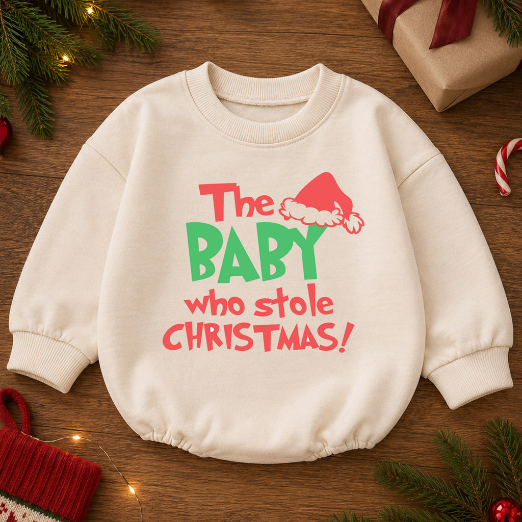 Baby Who Stole Christmas Romper, Funny Baby Christmas Romper, Toddler Holiday Outfit, Cute Baby Xmas Romper, Holiday Gift for Baby — product view 2