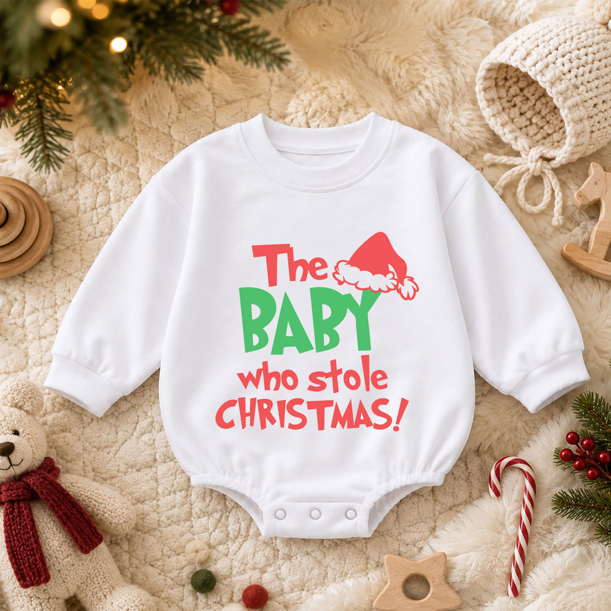 Baby Who Stole Christmas Romper, Funny Baby Christmas Romper, Toddler Holiday Outfit, Cute Baby Xmas Romper, Holiday Gift for Baby — product view 3