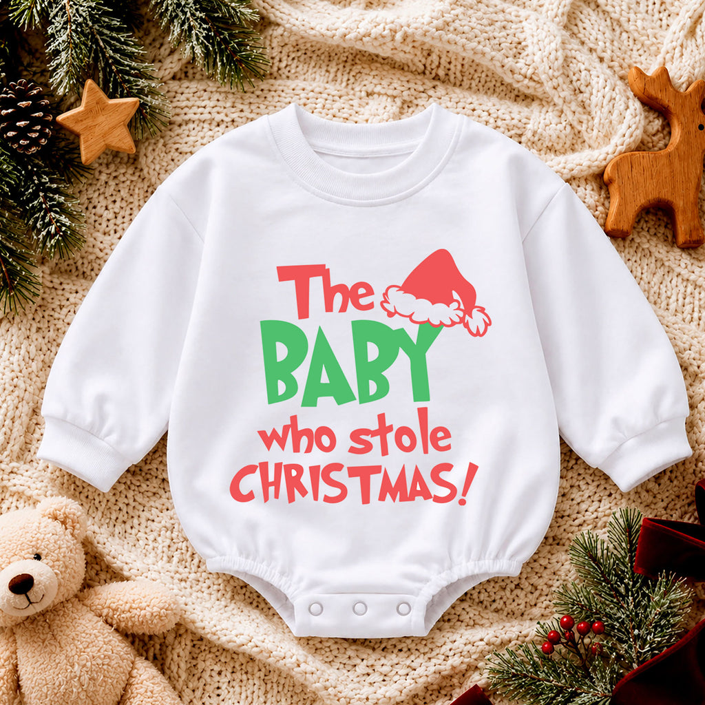 Baby Who Stole Christmas Romper, Funny Baby Christmas Romper, Toddler Holiday Outfit, Cute Baby Xmas Romper, Holiday Gift for Baby — product view 4