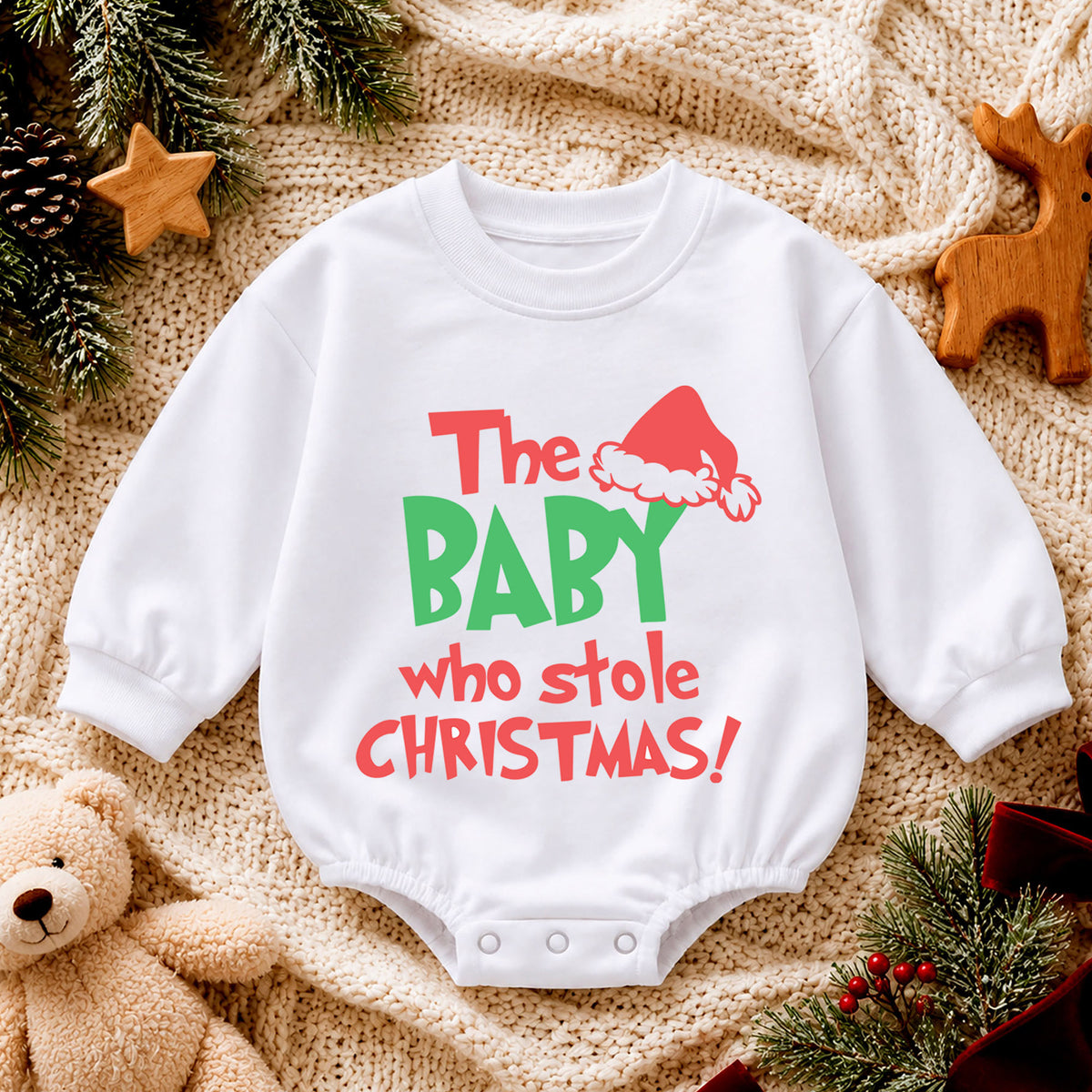 Baby Who Stole Christmas Romper, Funny Baby Christmas Romper, Toddler Holiday Outfit, Cute Baby Xmas Romper, Holiday Gift for Baby — product view 4
