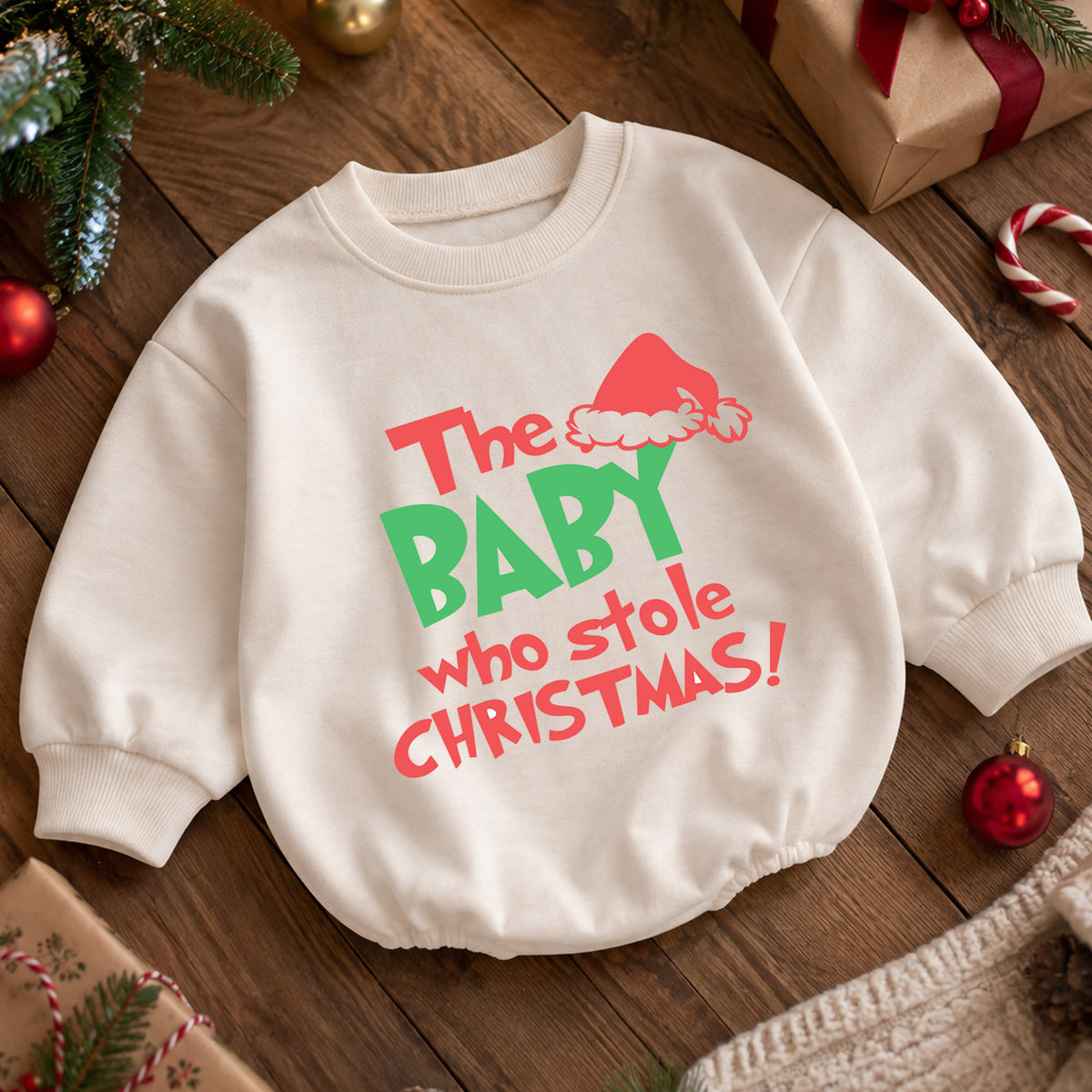 Baby Who Stole Christmas Romper, Funny Baby Christmas Romper, Toddler Holiday Outfit, Cute Baby Xmas Romper, Holiday Gift for Baby — product view 5