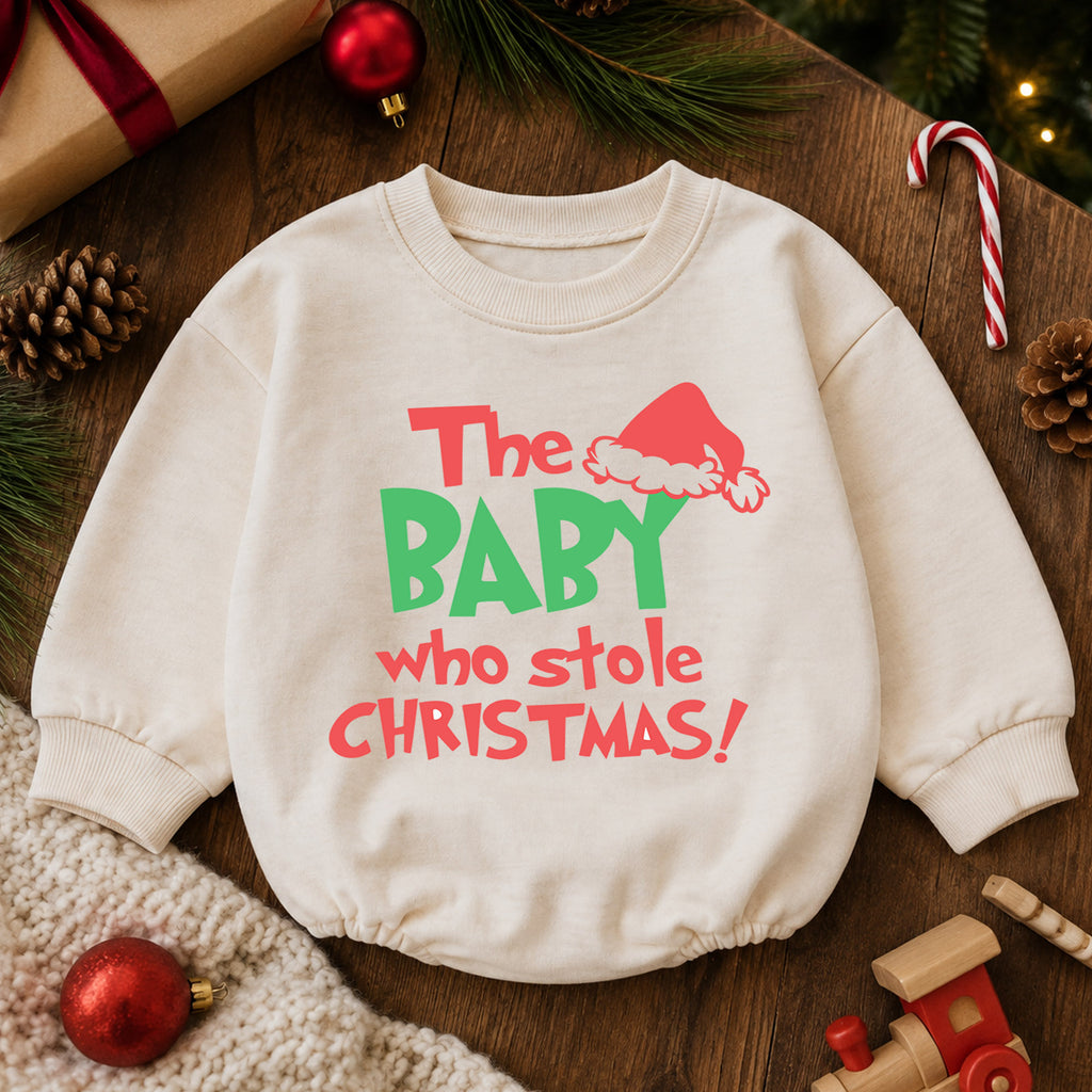 Baby Who Stole Christmas Romper, Funny Baby Christmas Romper, Toddler Holiday Outfit, Cute Baby Xmas Romper, Holiday Gift for Baby — product view 6