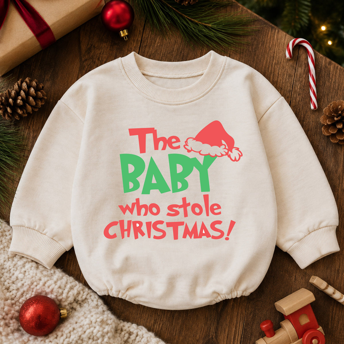 Baby Who Stole Christmas Romper, Funny Baby Christmas Romper, Toddler Holiday Outfit, Cute Baby Xmas Romper, Holiday Gift for Baby — product view 6