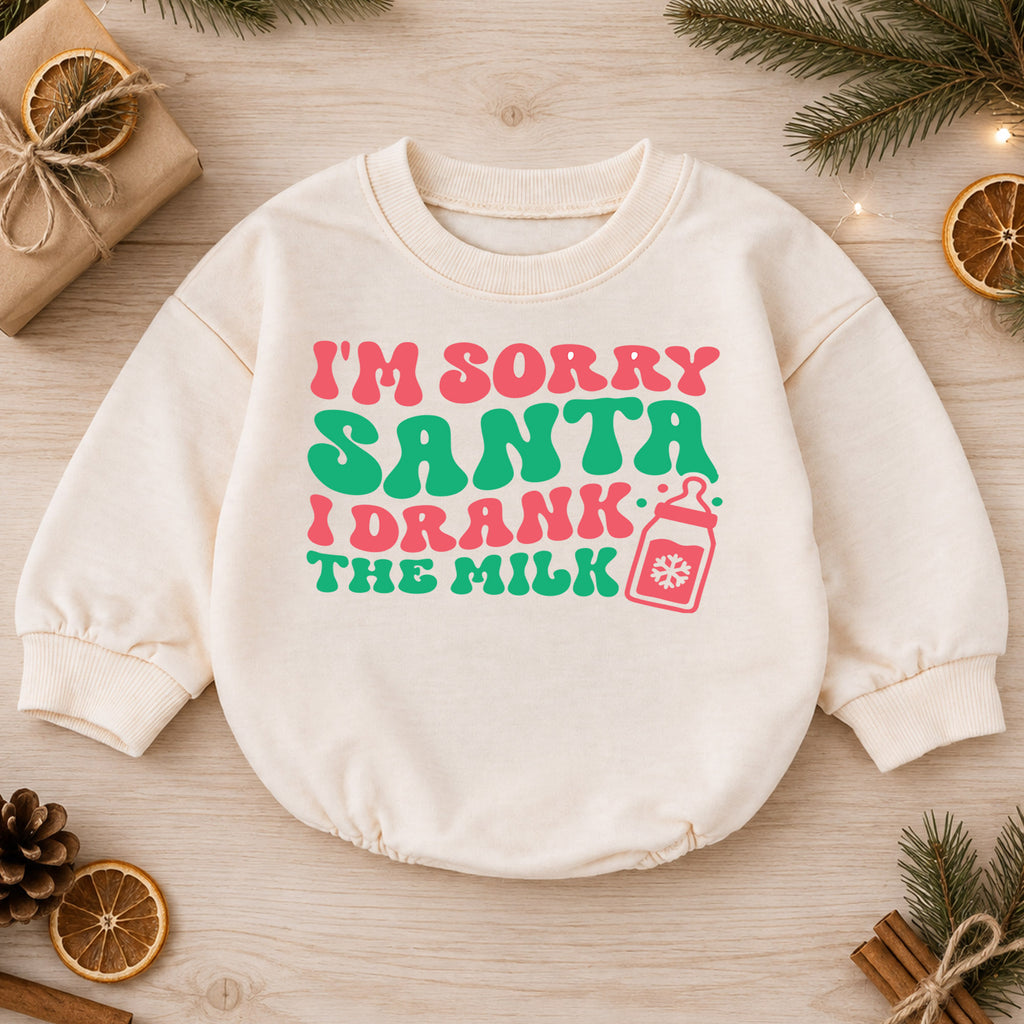 I'm Sorry Santa I Drank the Milk Romper, Funny Baby Christmas Romper, Toddler Holiday Outfit, Cute Baby Xmas Romper, Holiday Gift — product view 1