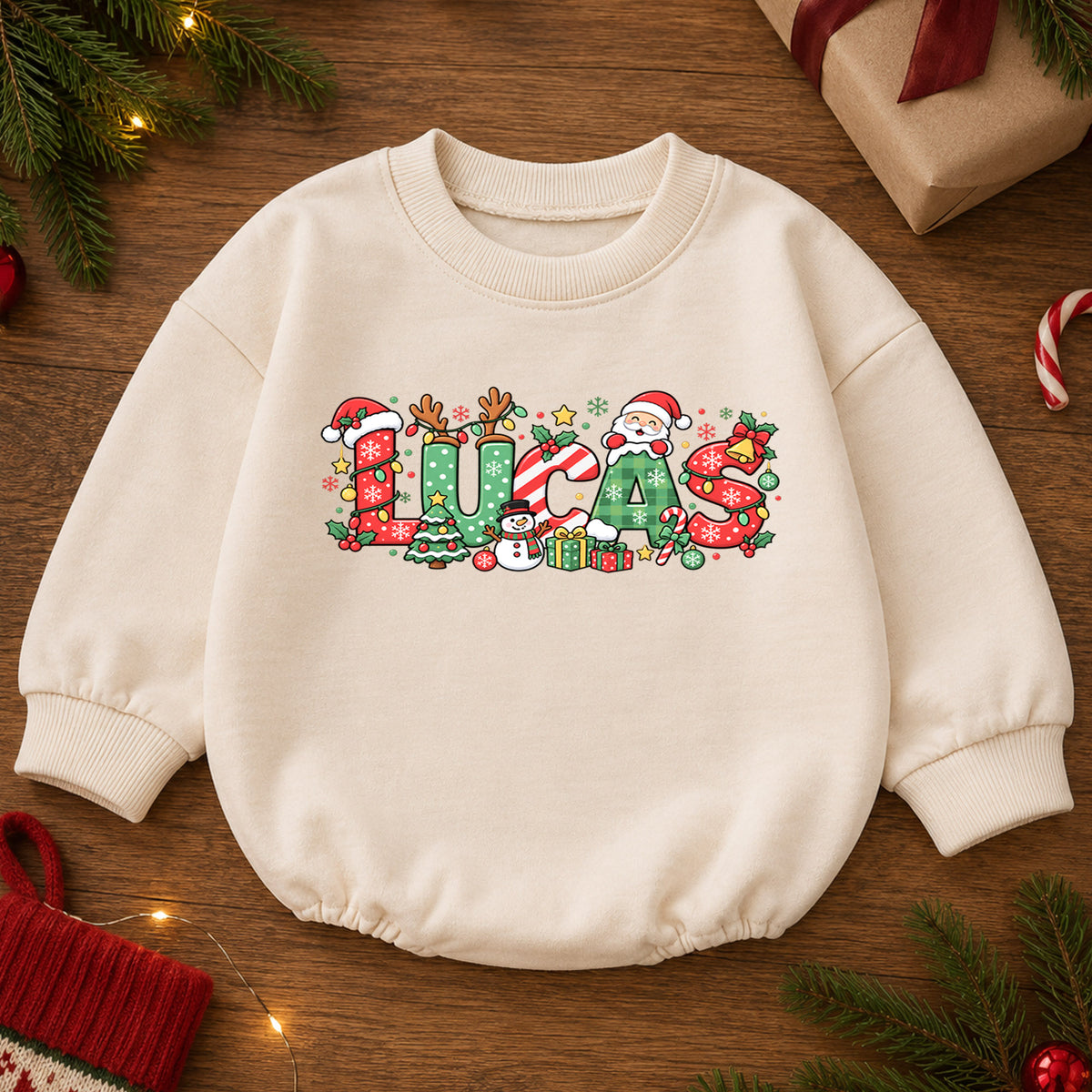 Festive Custom Name Baby Romper, Personalized Christmas Letter Design with Santa Reindeer, 1st Christmas, My First Birthday Gift — product view 2