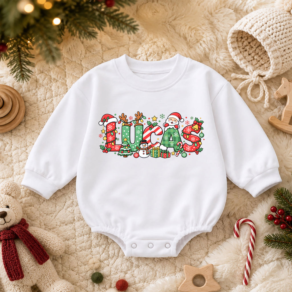 Festive Custom Name Baby Romper, Personalized Christmas Letter Design with Santa Reindeer, 1st Christmas, My First Birthday Gift — product view 3