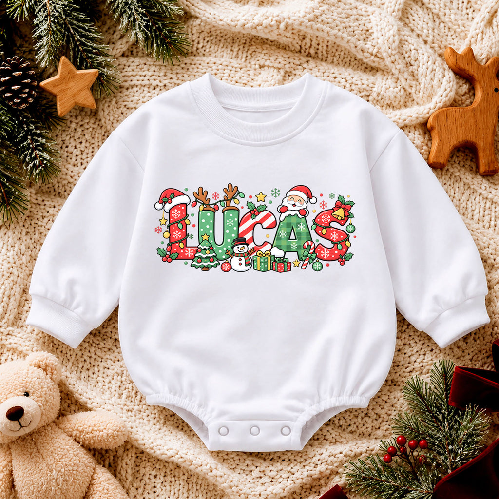 Festive Custom Name Baby Romper, Personalized Christmas Letter Design with Santa Reindeer, 1st Christmas, My First Birthday Gift — product view 4