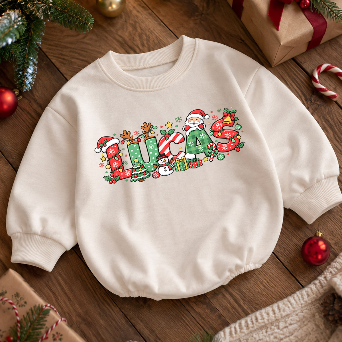 Festive Custom Name Baby Romper, Personalized Christmas Letter Design with Santa Reindeer, 1st Christmas, My First Birthday Gift — product view 5