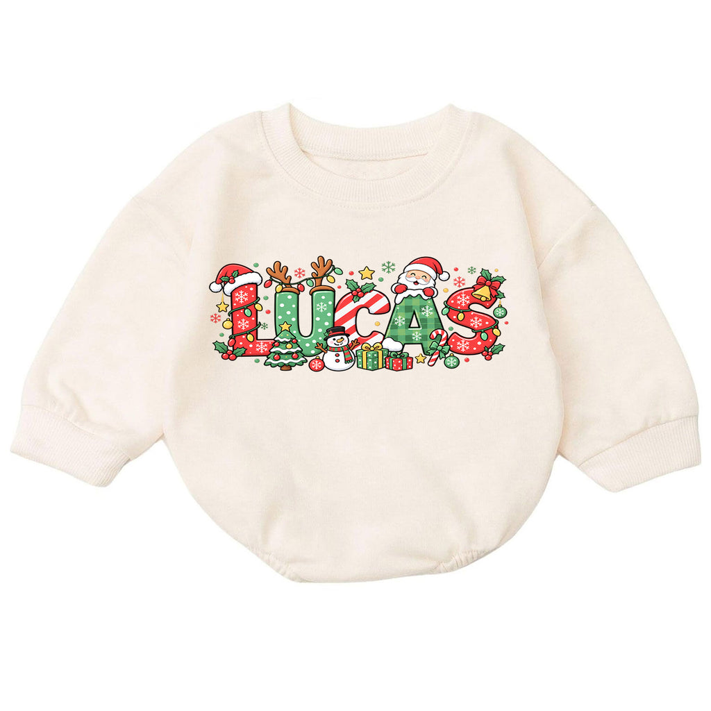 Festive Custom Name Baby Romper, Personalized Christmas Letter Design with Santa Reindeer, 1st Christmas, My First Birthday Gift — product view 7