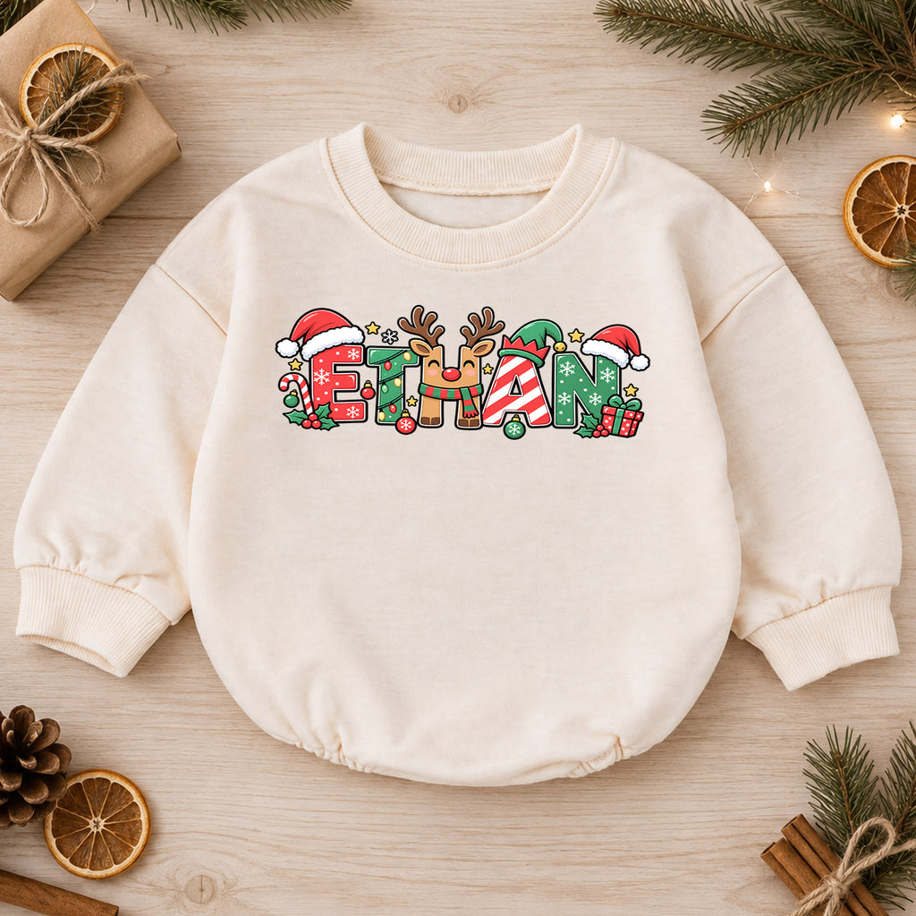 Personalized Christmas Baby Romper with Custom Name, Candy Cane Letter Design, 1st Christmas Outfit, 1st Birthday Holiday Gift — product view 1