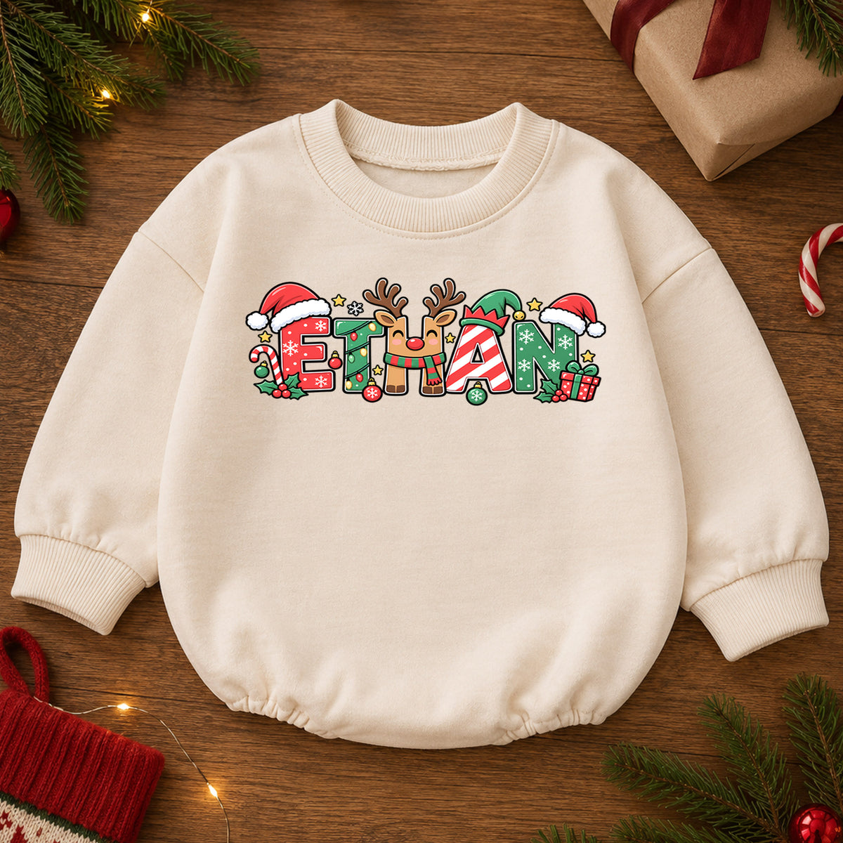 Personalized Christmas Baby Romper with Custom Name, Candy Cane Letter Design, 1st Christmas Outfit, 1st Birthday Holiday Gift — product view 2