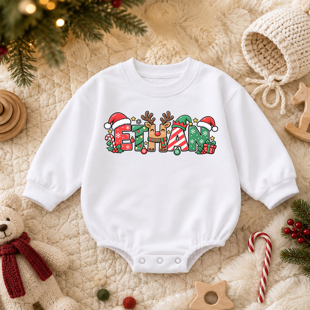 Personalized Christmas Baby Romper with Custom Name, Candy Cane Letter Design, 1st Christmas Outfit, 1st Birthday Holiday Gift — product view 3