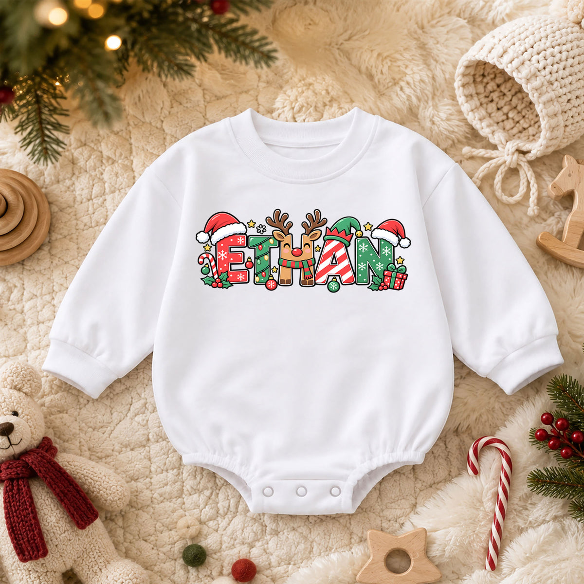 Personalized Christmas Baby Romper with Custom Name, Candy Cane Letter Design, 1st Christmas Outfit, 1st Birthday Holiday Gift — product view 3