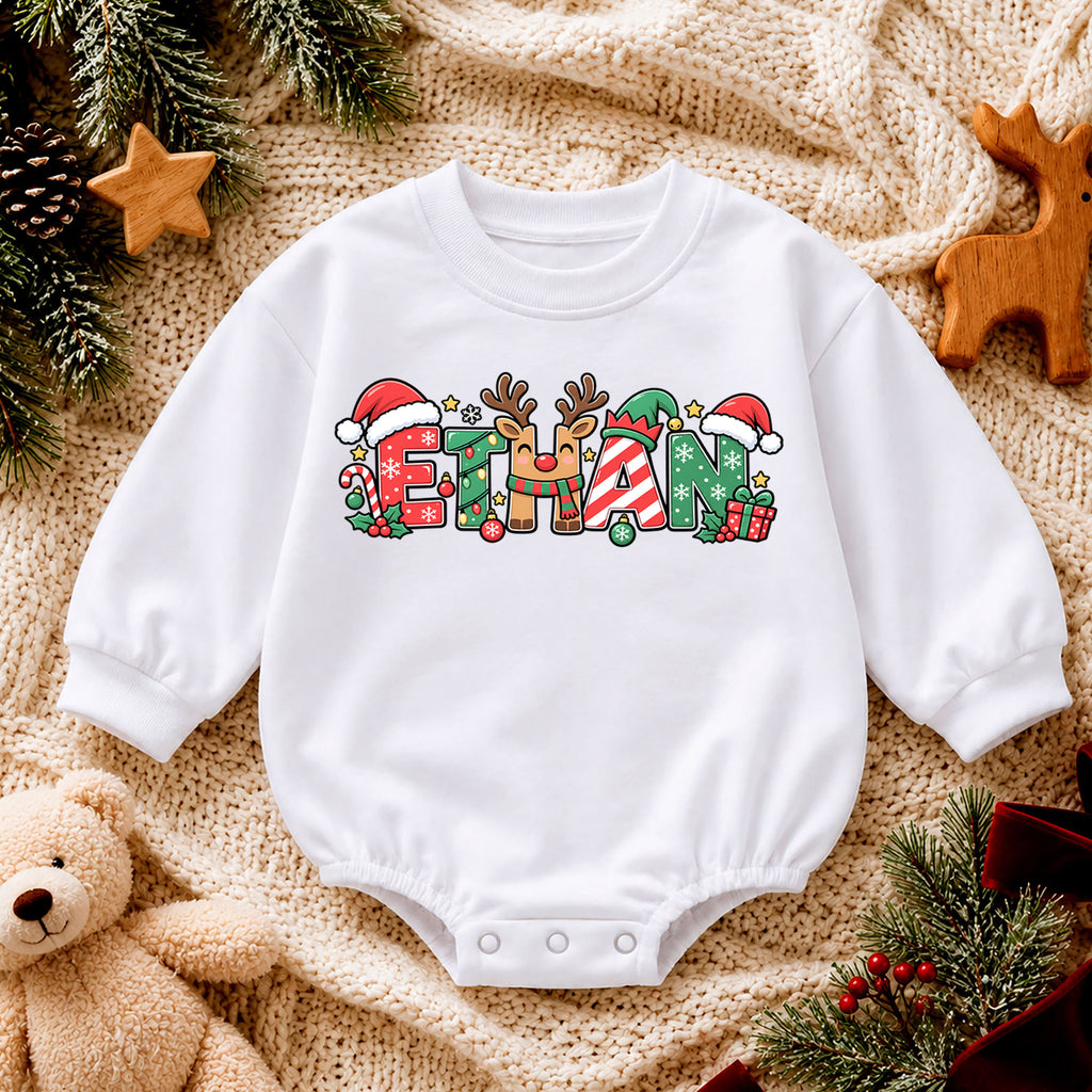 Personalized Christmas Baby Romper with Custom Name, Candy Cane Letter Design, 1st Christmas Outfit, 1st Birthday Holiday Gift — product view 4