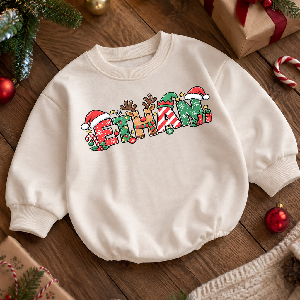 Personalized Christmas Baby Romper with Custom Name, Candy Cane Letter Design, 1st Christmas Outfit, 1st Birthday Holiday Gift — product view 5