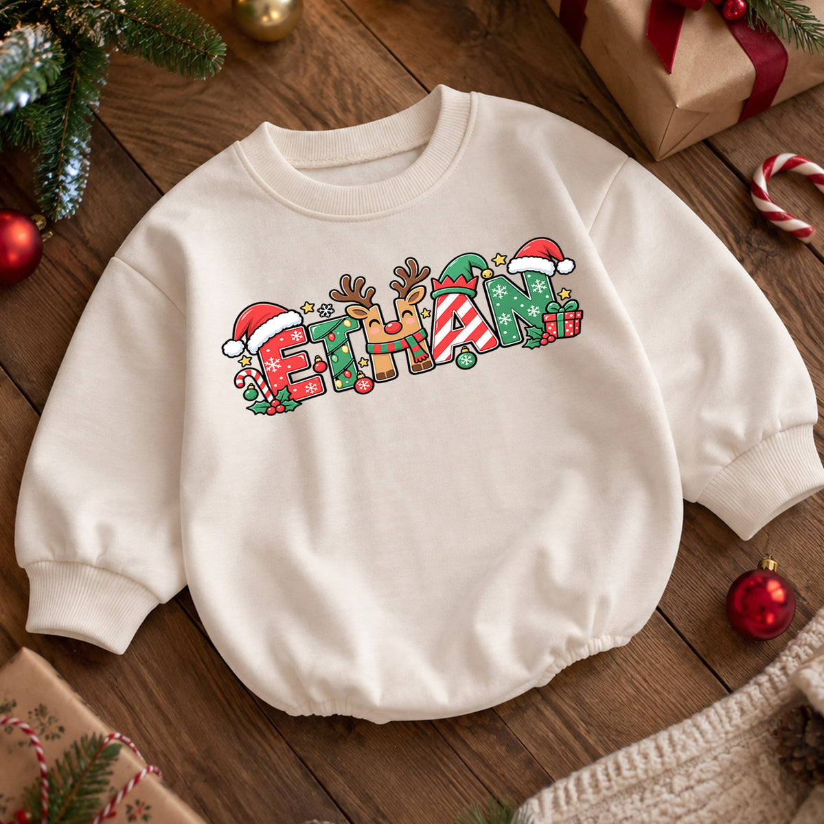 Personalized Christmas Baby Romper with Custom Name, Candy Cane Letter Design, 1st Christmas Outfit, 1st Birthday Holiday Gift — product view 5