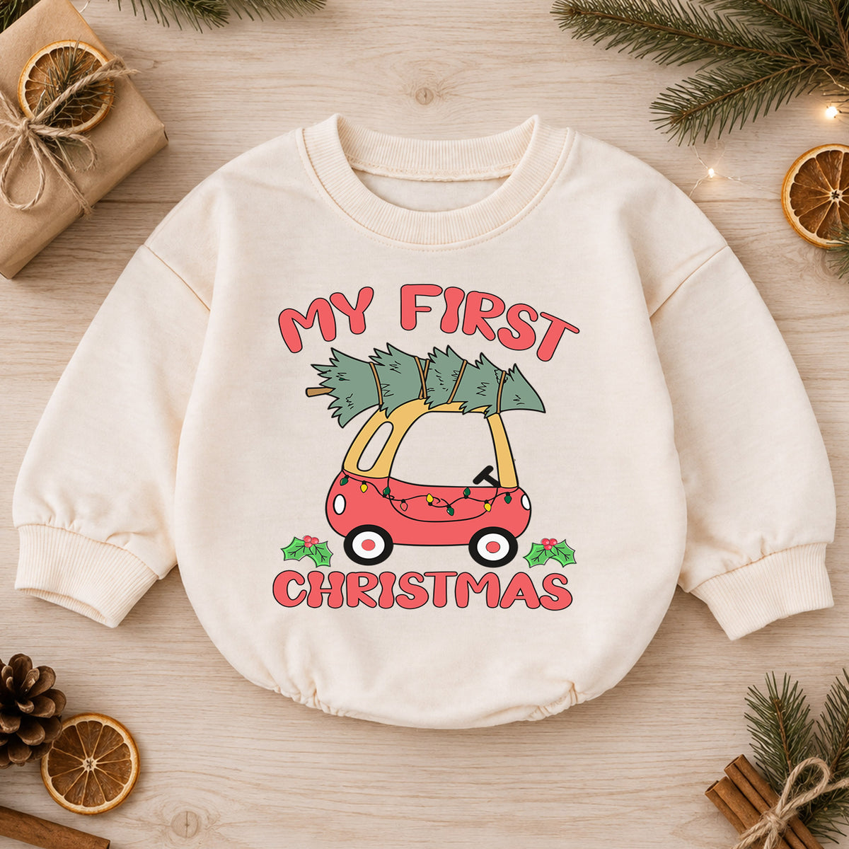 My First Christmas Car Romper, Christmas Tree Car Baby Romper, Toddler Holiday Outfit, Cute 1st Christmas Romper, Baby Xmas Gift — product view 1