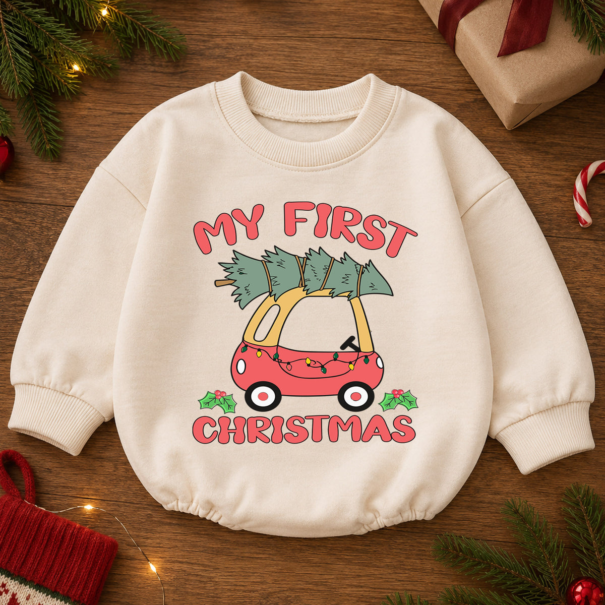 My First Christmas Car Romper, Christmas Tree Car Baby Romper, Toddler Holiday Outfit, Cute 1st Christmas Romper, Baby Xmas Gift — product view 2