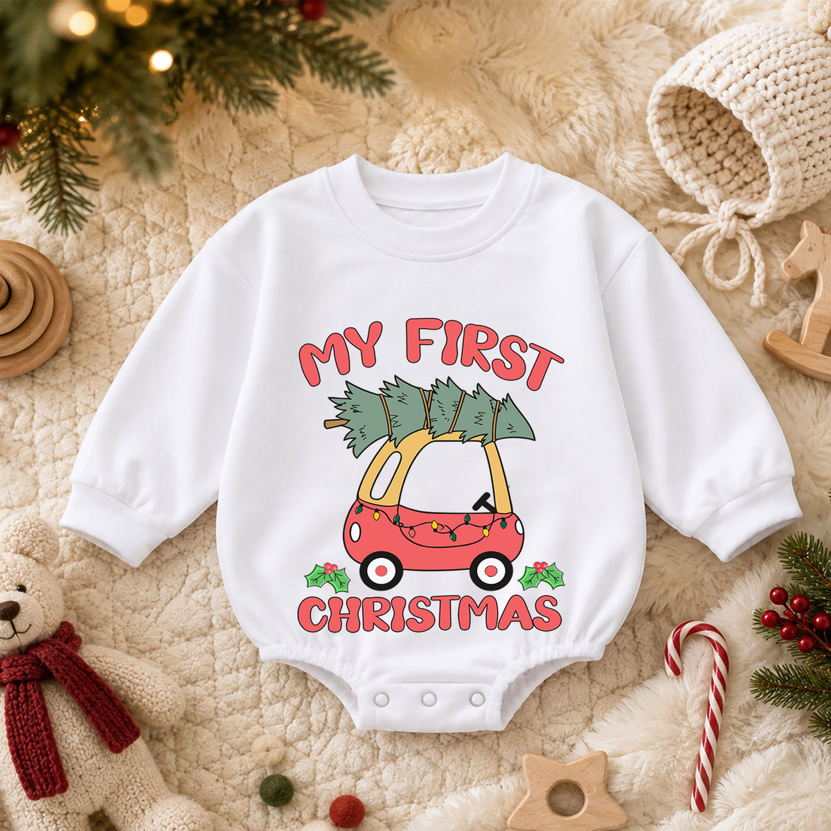 My First Christmas Car Romper, Christmas Tree Car Baby Romper, Toddler Holiday Outfit, Cute 1st Christmas Romper, Baby Xmas Gift — product view 3