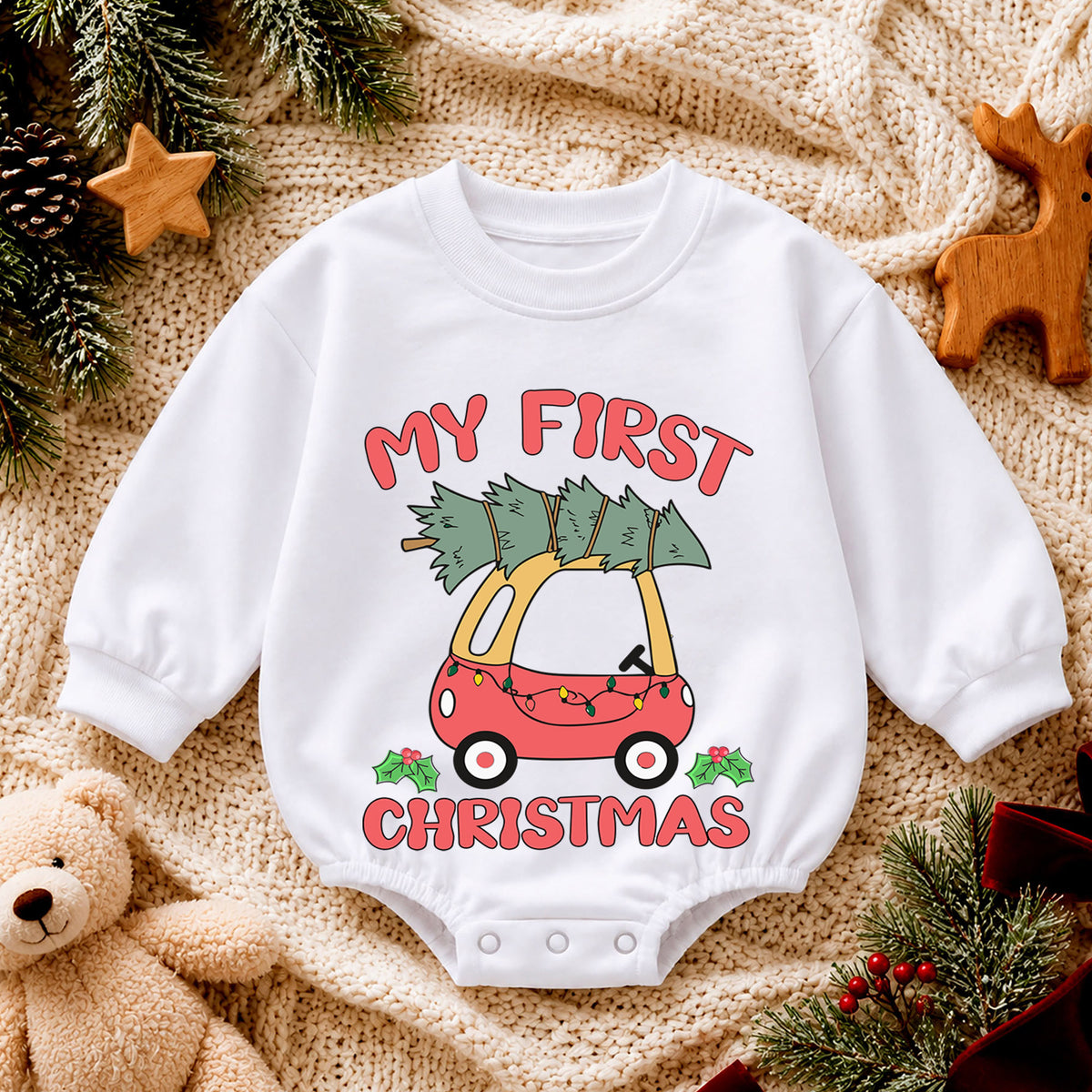 My First Christmas Car Romper, Christmas Tree Car Baby Romper, Toddler Holiday Outfit, Cute 1st Christmas Romper, Baby Xmas Gift — product view 4
