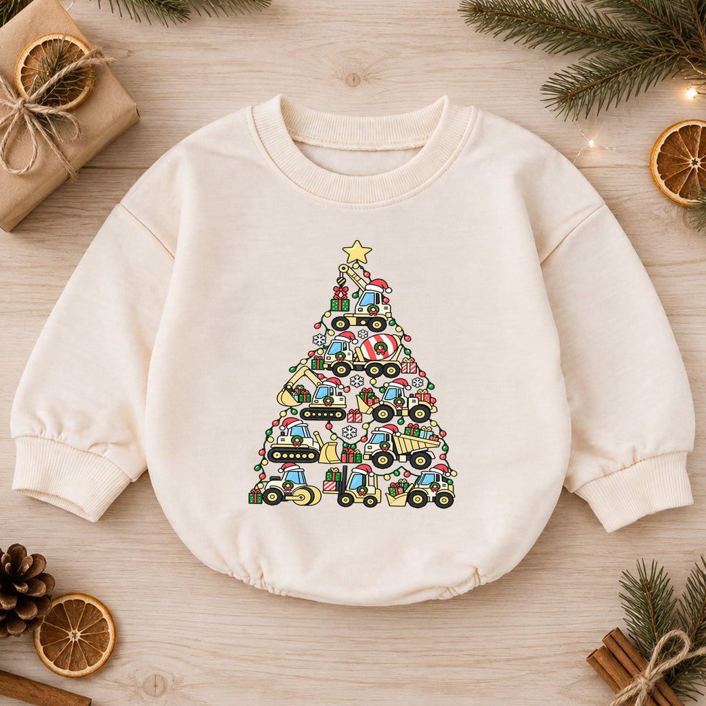 Construction Christmas Baby Romper, Baby First Christmas Outfit, Truck Christmas Tree, Toddler Boy Holiday Outfit, Xmas Baby Gift — product view 1