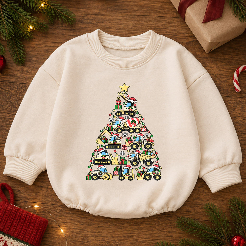 Construction Christmas Baby Romper, Baby First Christmas Outfit, Truck Christmas Tree, Toddler Boy Holiday Outfit, Xmas Baby Gift — product view 2