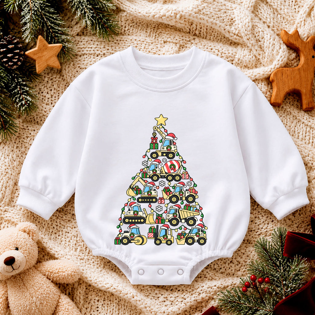 Construction Christmas Baby Romper, Baby First Christmas Outfit, Truck Christmas Tree, Toddler Boy Holiday Outfit, Xmas Baby Gift — product view 4