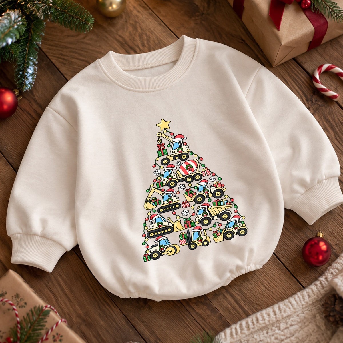 Construction Christmas Baby Romper, Baby First Christmas Outfit, Truck Christmas Tree, Toddler Boy Holiday Outfit, Xmas Baby Gift — product view 5