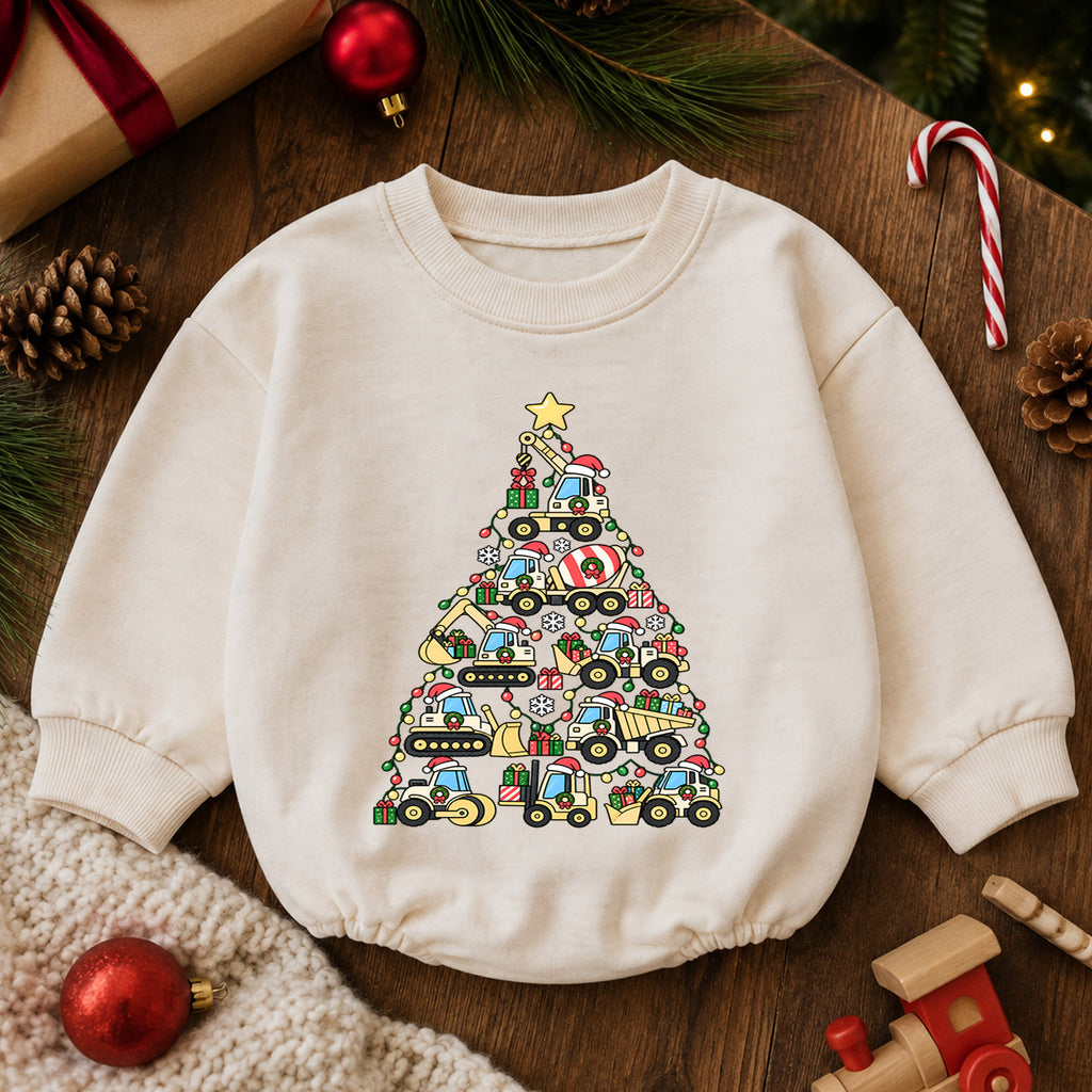 Construction Christmas Baby Romper, Baby First Christmas Outfit, Truck Christmas Tree, Toddler Boy Holiday Outfit, Xmas Baby Gift — product view 6