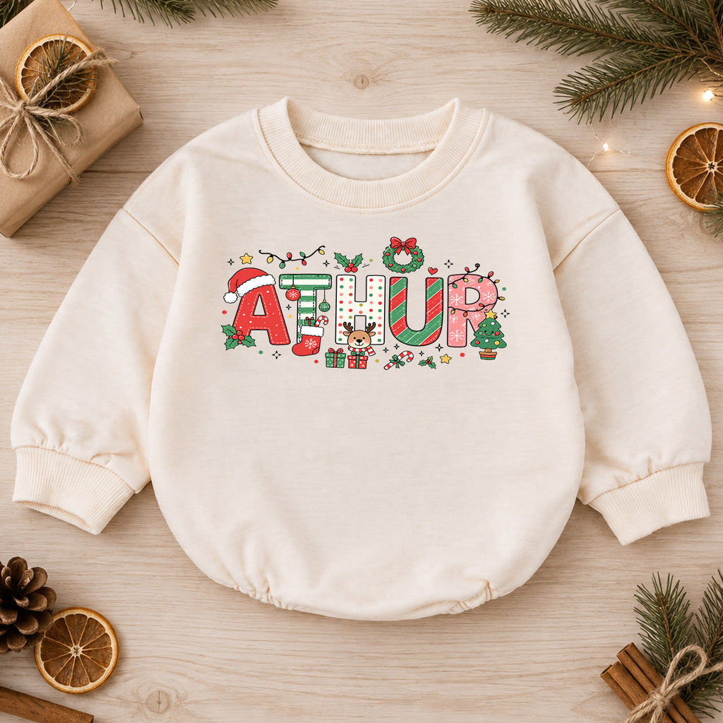 Custom Name Holiday Baby Romper, Personalized Pink Christmas Letters, My First Birthday Girl Outfit, 1st Christmas Gift for Baby — product view 1