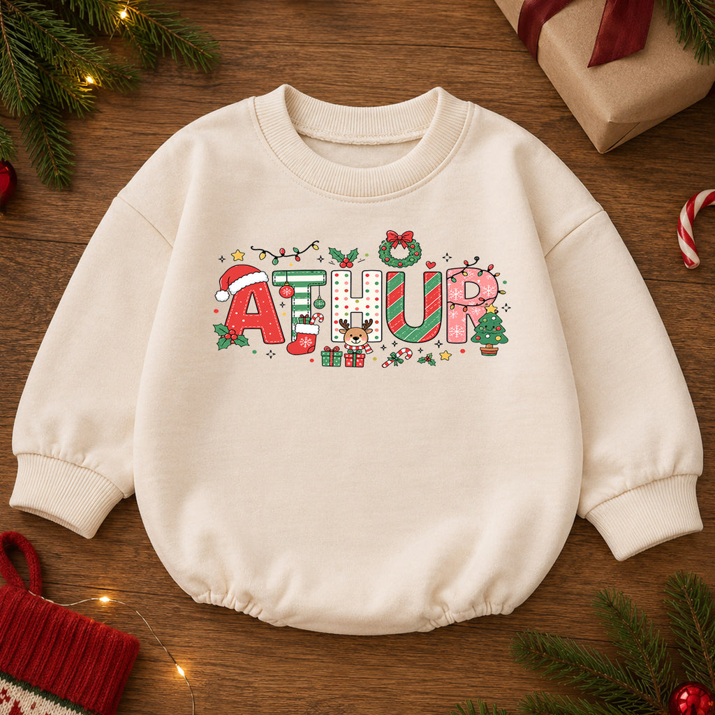 Custom Name Holiday Baby Romper, Personalized Pink Christmas Letters, My First Birthday Girl Outfit, 1st Christmas Gift for Baby — product view 2