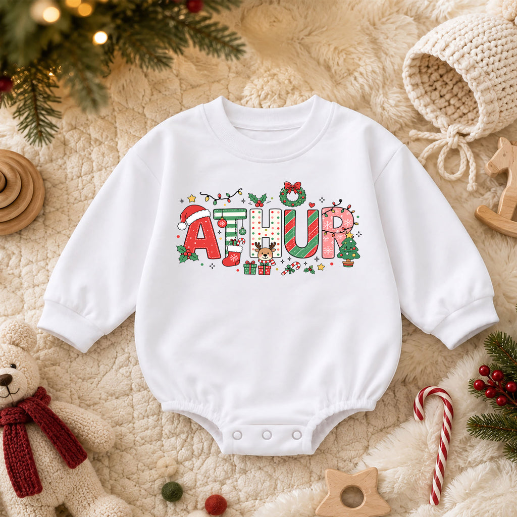 Custom Name Holiday Baby Romper, Personalized Pink Christmas Letters, My First Birthday Girl Outfit, 1st Christmas Gift for Baby — product view 3